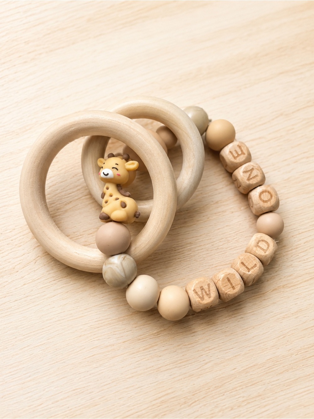 Neutral Wooden Baby Teether Rattle with Giraffe Charm